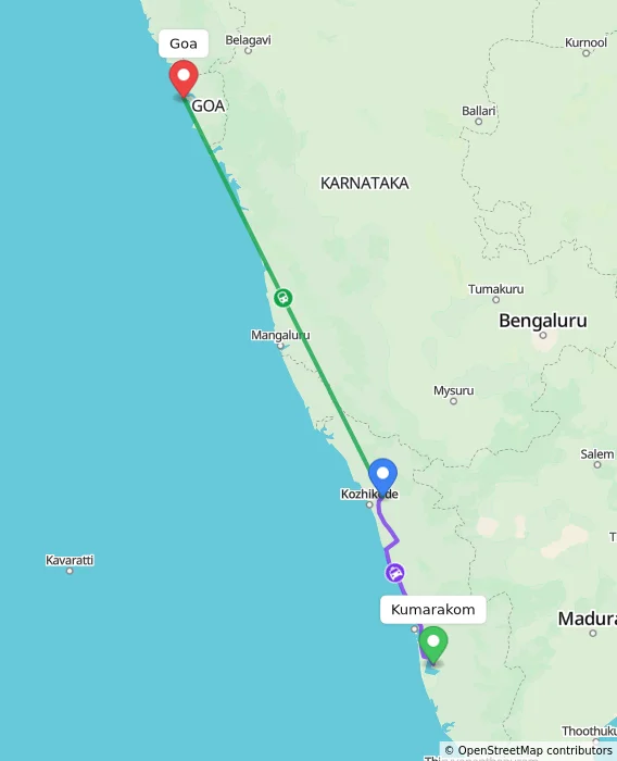 Route map showing distance and travel time from Kumarakom, India to Goa, India