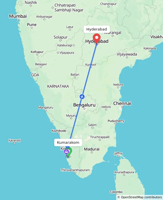 Route map showing distance and travel time from Kumarakom, India to Hyderabad, India
