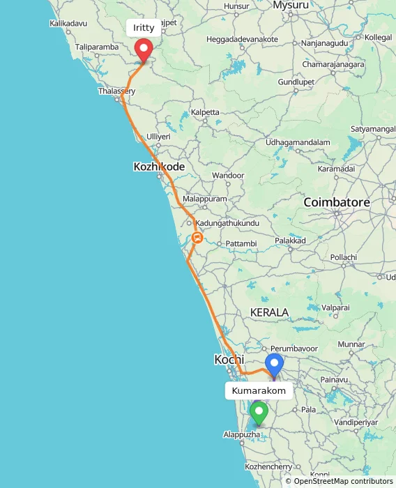 Route map showing distance and travel time from Kumarakom, India to Iritty, India
