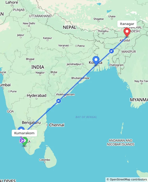 Route map showing distance and travel time from Kumarakom, India to Itanagar, India