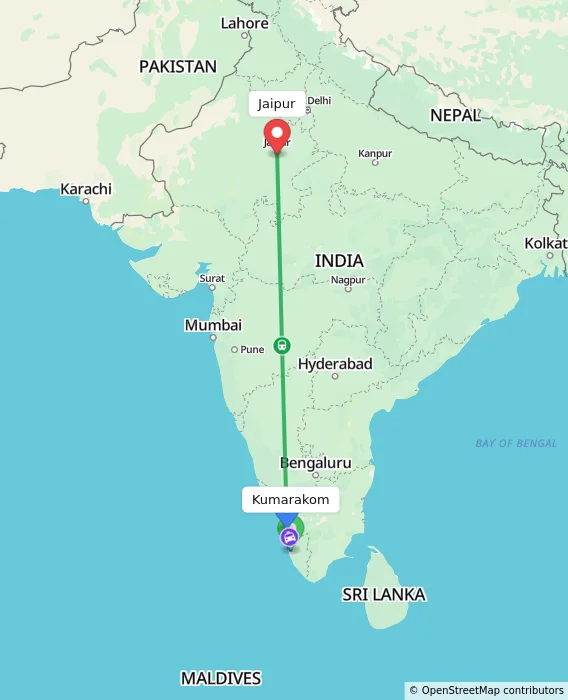 Route map showing distance and travel time from Kumarakom, India to Jaipur, India