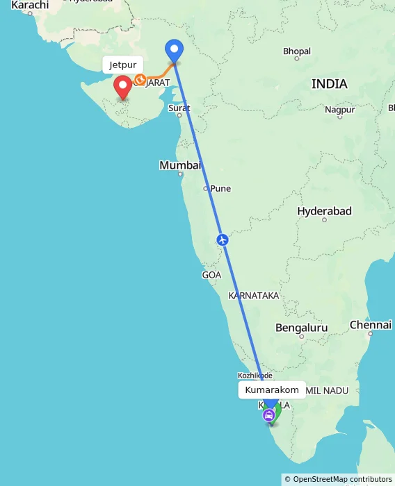 Route map showing distance and travel time from Kumarakom, India to Jetpur, India