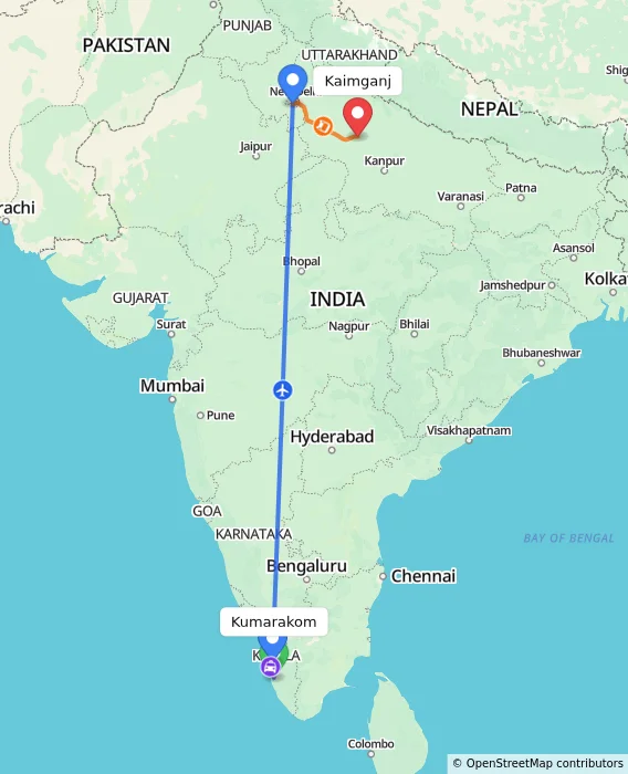 Route map showing distance and travel time from Kumarakom, India to Kaimganj, India