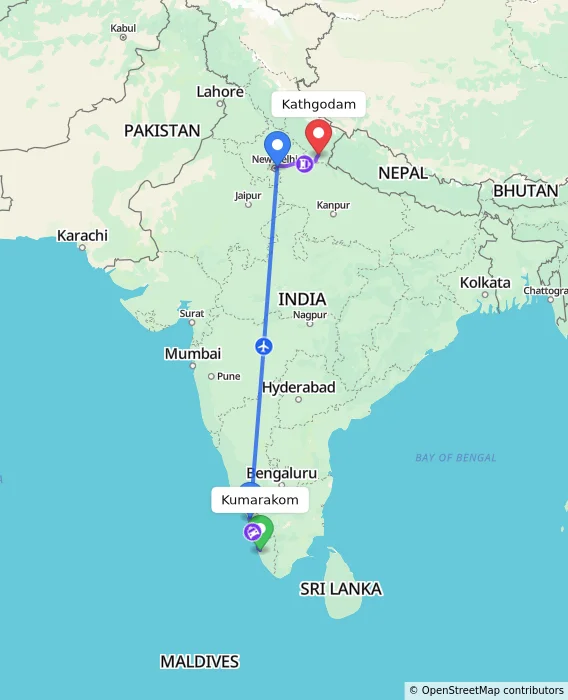 Route map showing distance and travel time from Kumarakom, India to Kathgodam, India