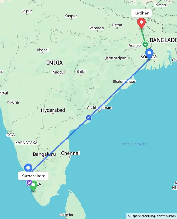 Route map showing distance and travel time from Kumarakom, India to Katihar, India