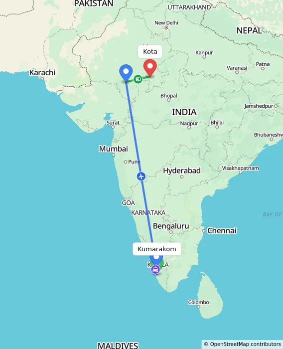 Route map showing distance and travel time from Kumarakom, India to Kota, India