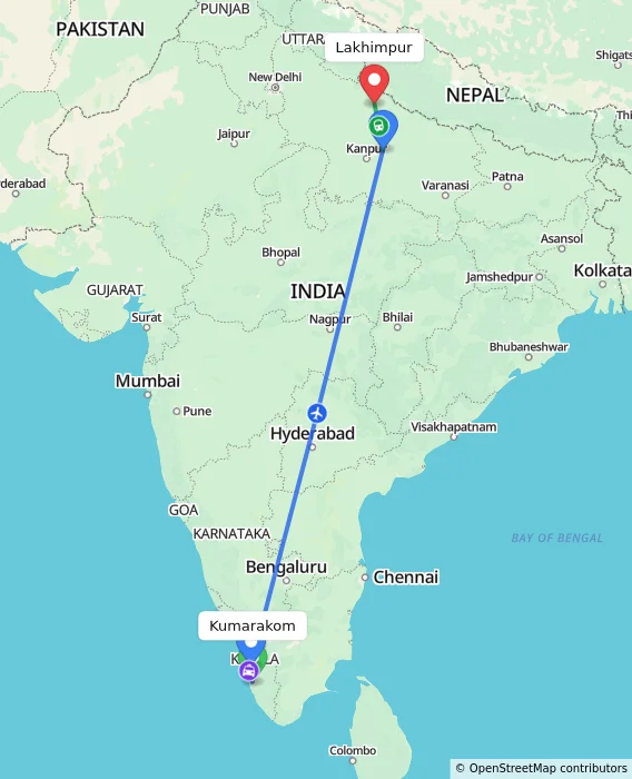 Route map showing distance and travel time from Kumarakom, India to Lakhimpur, India