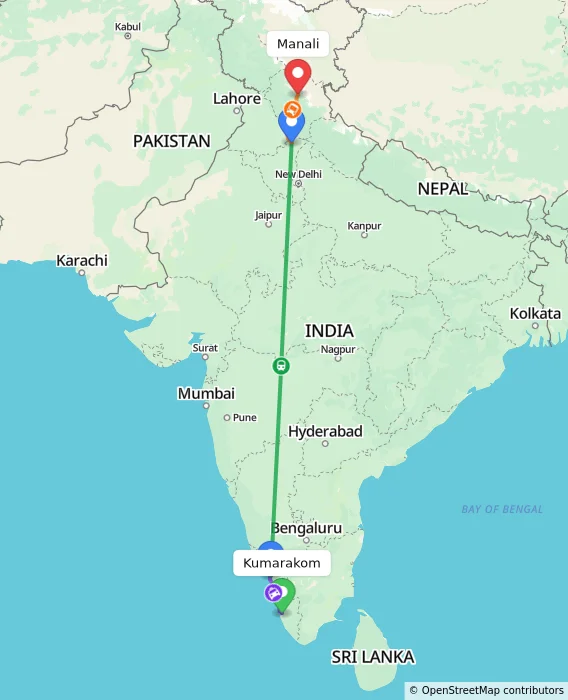 Route map showing distance and travel time from Kumarakom, India to Manali, India