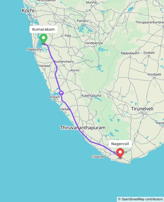 Route map showing distance and travel time from Kumarakom, India to Nagercoil, India