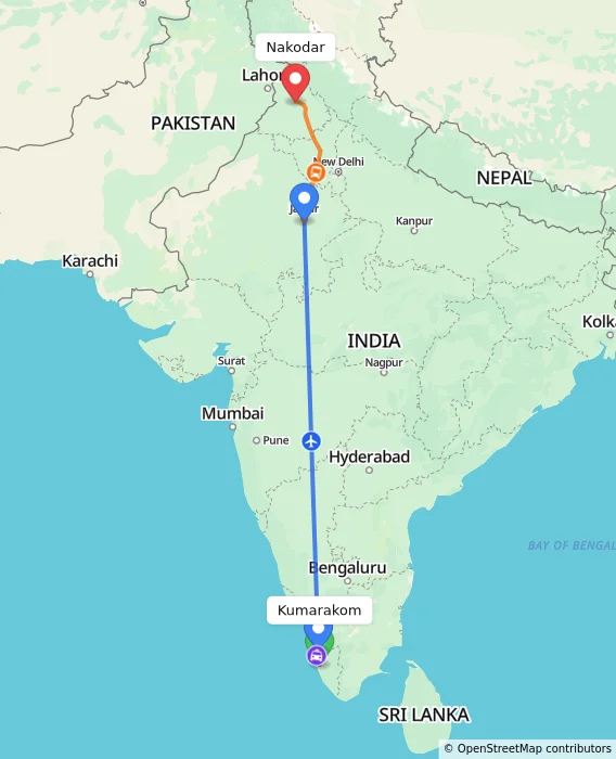 Route map showing distance and travel time from Kumarakom, India to Nakodar, India