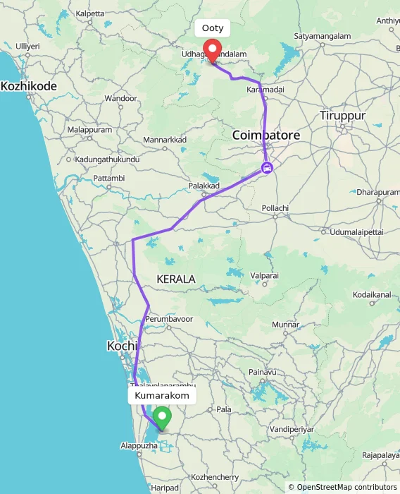 Route map showing distance and travel time from Kumarakom, India to Ooty, India