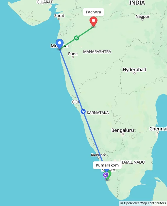 Route map showing distance and travel time from Kumarakom, India to Pachora, India