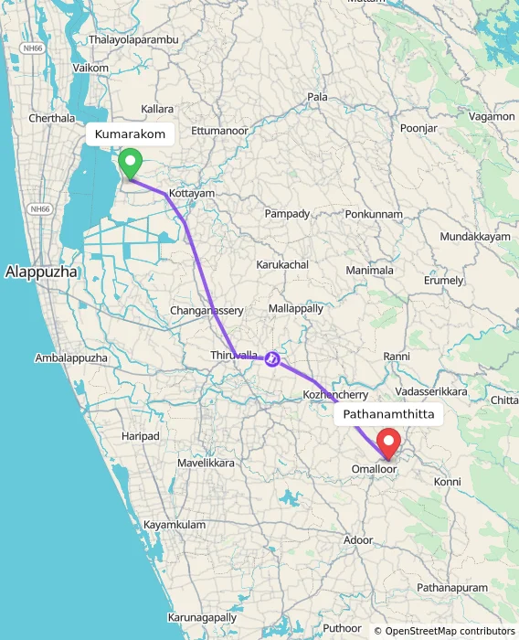 Route map showing distance and travel time from Kumarakom, India to Pathanamthitta, India