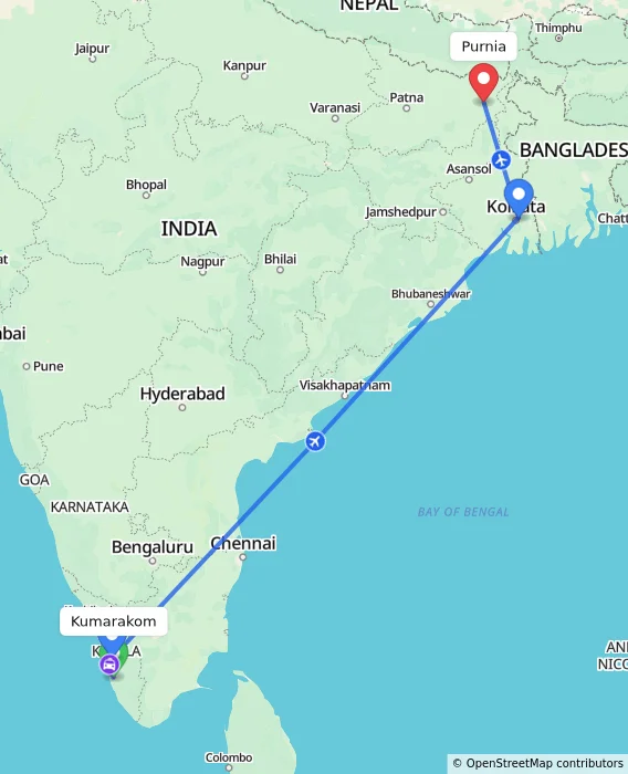 Route map showing distance and travel time from Kumarakom, India to Purnia, India