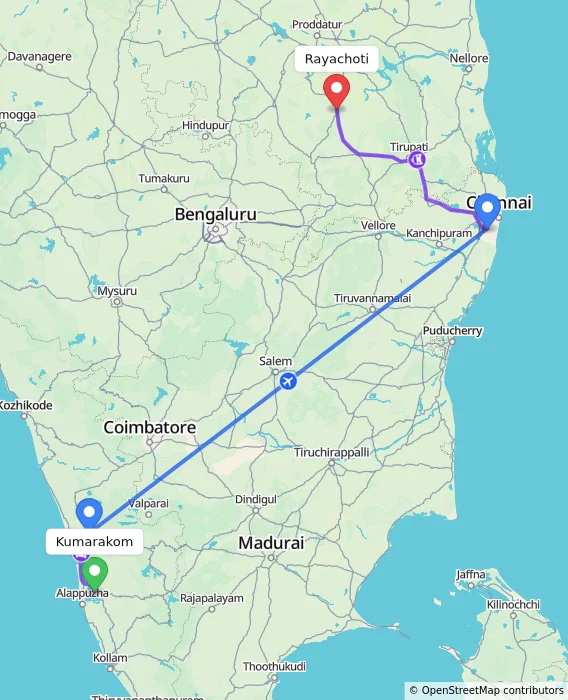 Route map showing distance and travel time from Kumarakom, India to Rayachoti, India