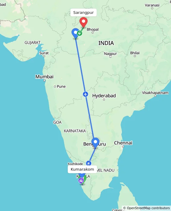 Route map showing distance and travel time from Kumarakom, India to Sarangpur, India
