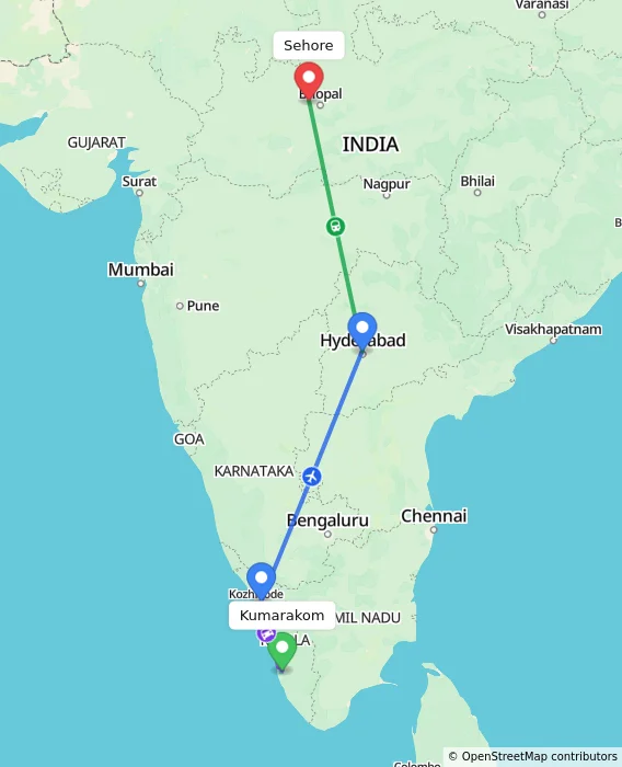 Route map showing distance and travel time from Kumarakom, India to Sehore, India