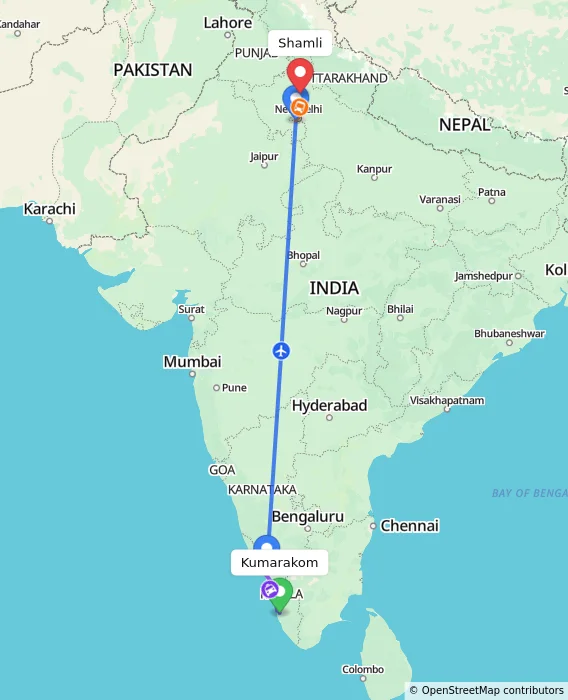 Route map showing distance and travel time from Kumarakom, India to Shamli, India