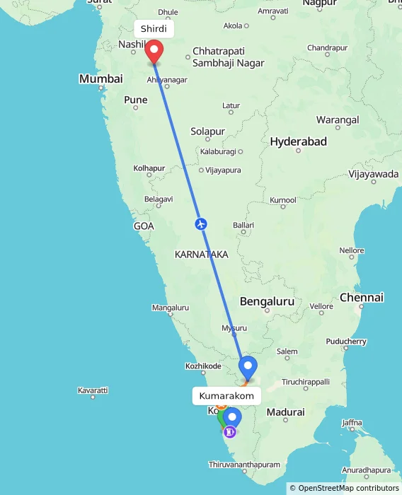 Route map showing distance and travel time from Kumarakom, India to Shirdi, India