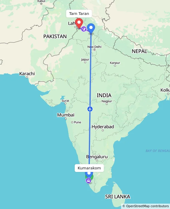 Route map showing distance and travel time from Kumarakom, India to Tarn Taran, India