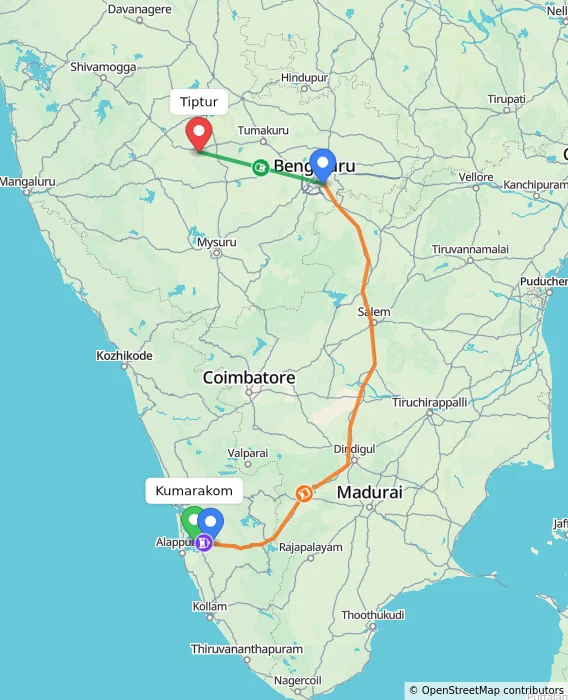 Route map showing distance and travel time from Kumarakom, India to Tiptur, India