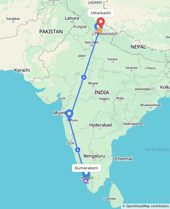Route map showing distance and travel time from Kumarakom, India to Uttarkashi, India