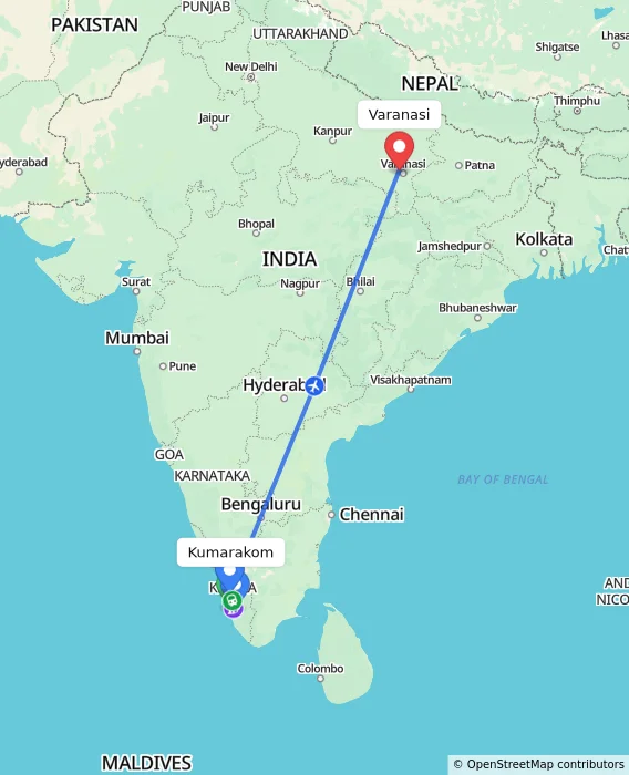Route map showing distance and travel time from Kumarakom, India to Varanasi, India