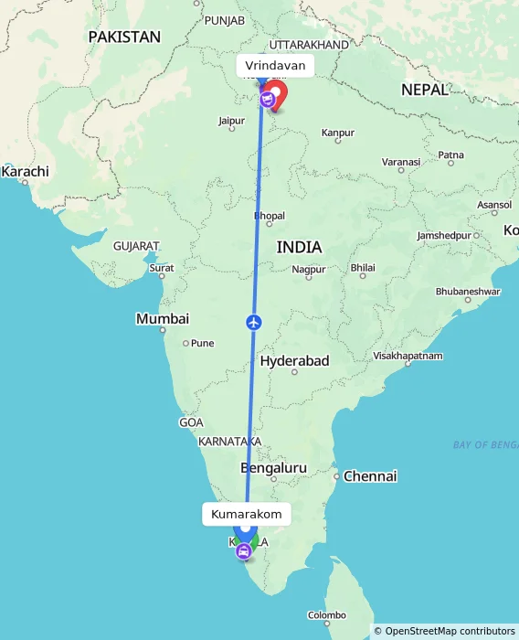 Route map showing distance and travel time from Kumarakom, India to Vrindavan, India