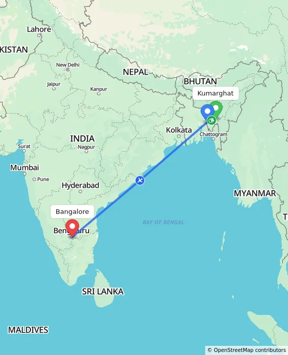 Route map showing distance and travel time from Kumarghat, India to Bangalore, India