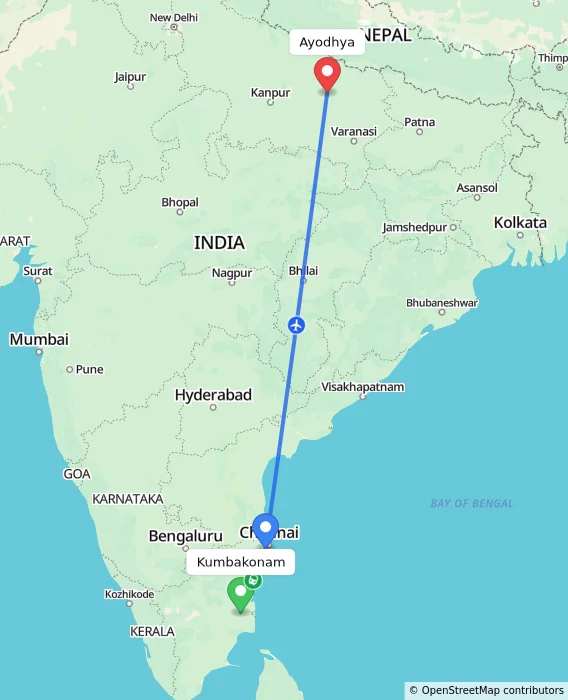 Route map showing distance and travel time from Kumbakonam, India to Ayodhya, India