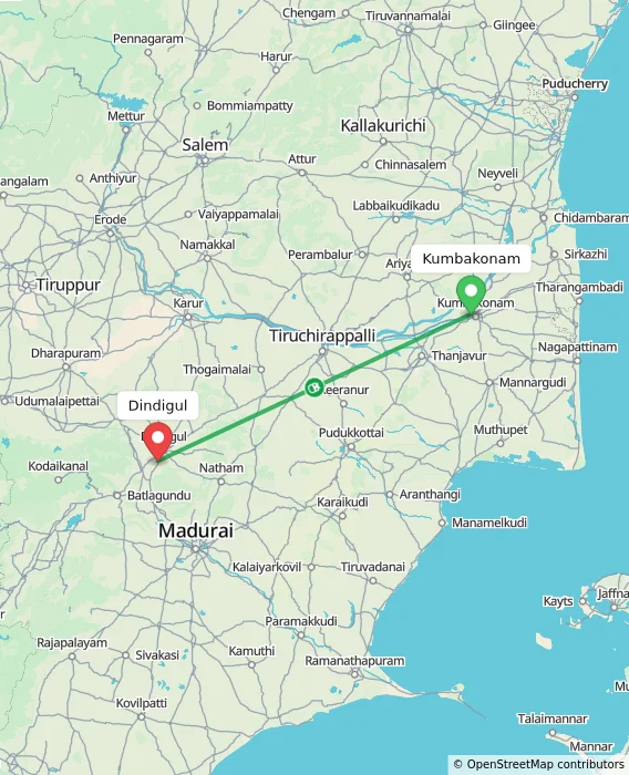 Route map showing distance and travel time from Kumbakonam, India to Dindigul, India