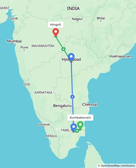 Route map showing distance and travel time from Kumbakonam, India to Hingoli, India