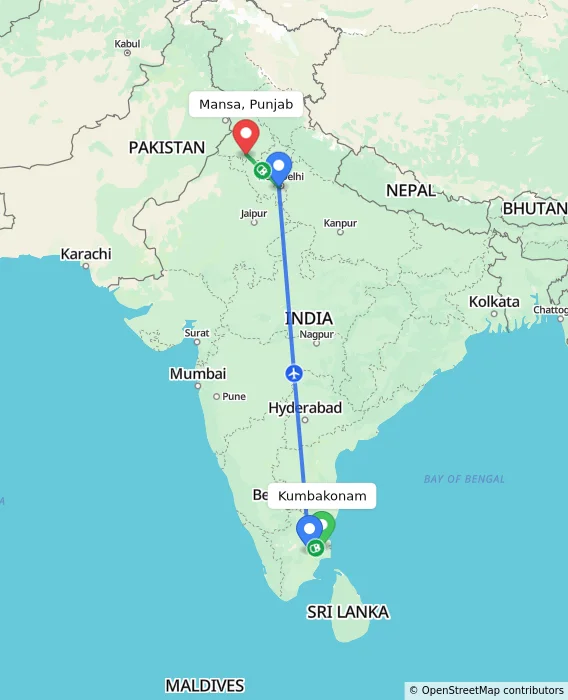 Route map showing distance and travel time from Kumbakonam, India to Mansa, Punjab, India