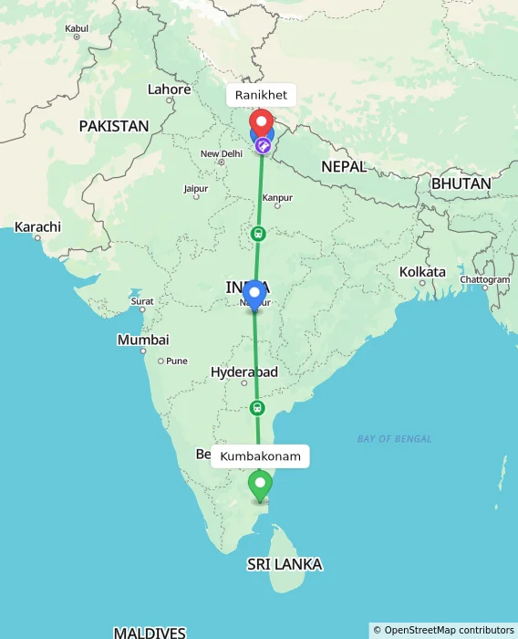 Route map showing distance and travel time from Kumbakonam, India to Ranikhet, India