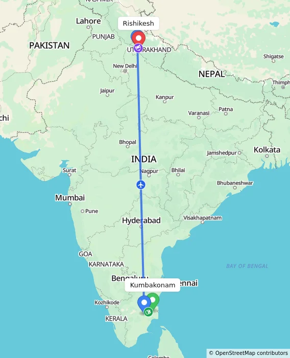 Route map showing distance and travel time from Kumbakonam, India to Rishikesh, India