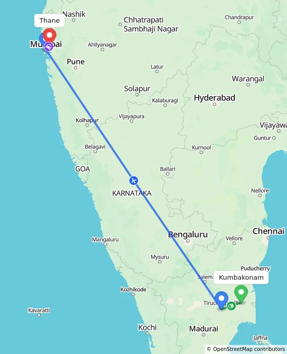Route map showing distance and travel time from Kumbakonam, India to Thane, India