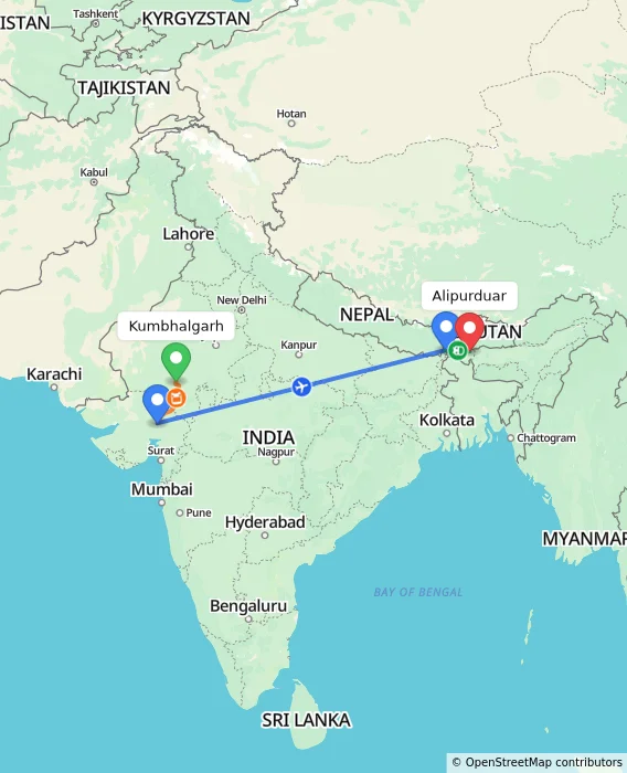 Route map showing distance and travel time from Kumbhalgarh, India to Alipurduar, India