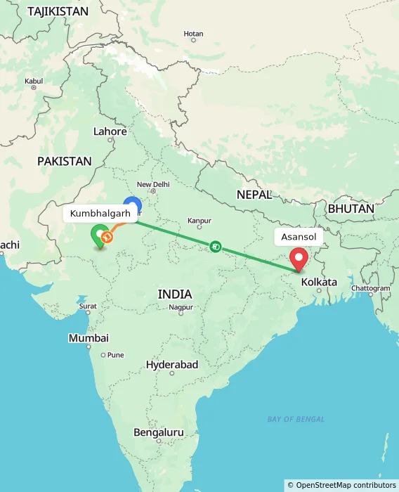 Route map showing distance and travel time from Kumbhalgarh, India to Asansol, India