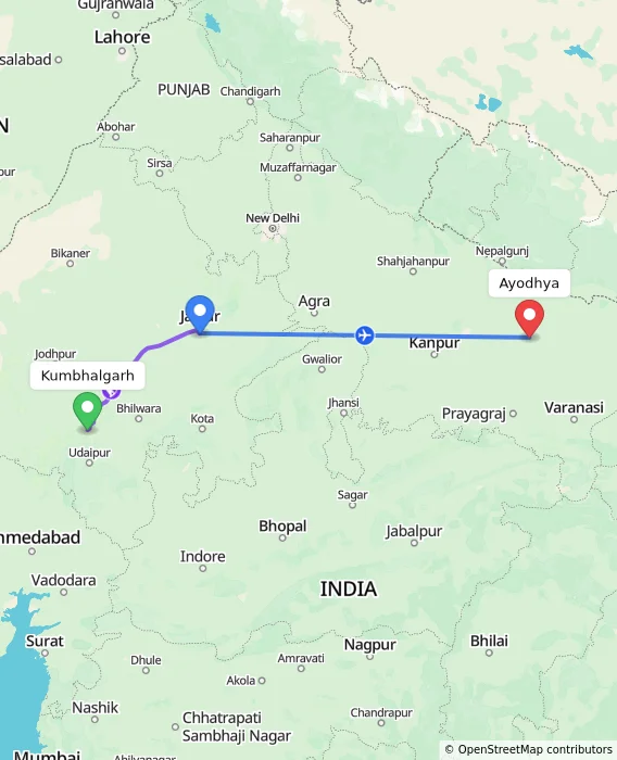 Route map showing distance and travel time from Kumbhalgarh, India to Ayodhya, India