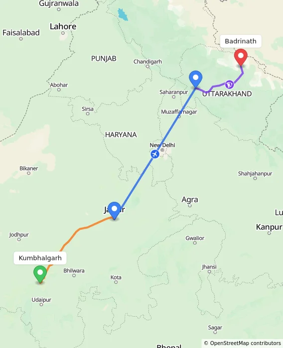 Route map showing distance and travel time from Kumbhalgarh, India to Badrinath, India