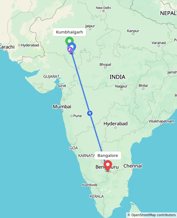 Route map showing distance and travel time from Kumbhalgarh, India to Bangalore, India