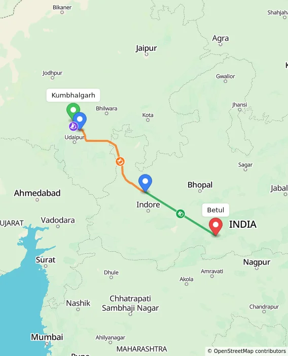Route map showing distance and travel time from Kumbhalgarh, India to Betul, India
