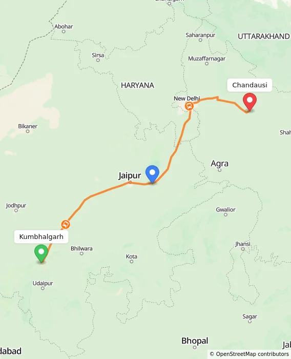 Route map showing distance and travel time from Kumbhalgarh, India to Chandausi, India