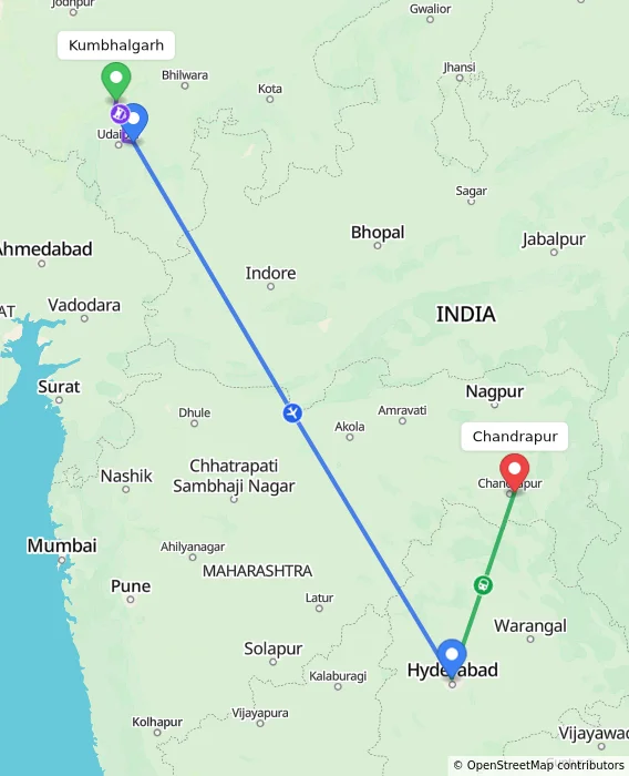 Route map showing distance and travel time from Kumbhalgarh, India to Chandrapur, India
