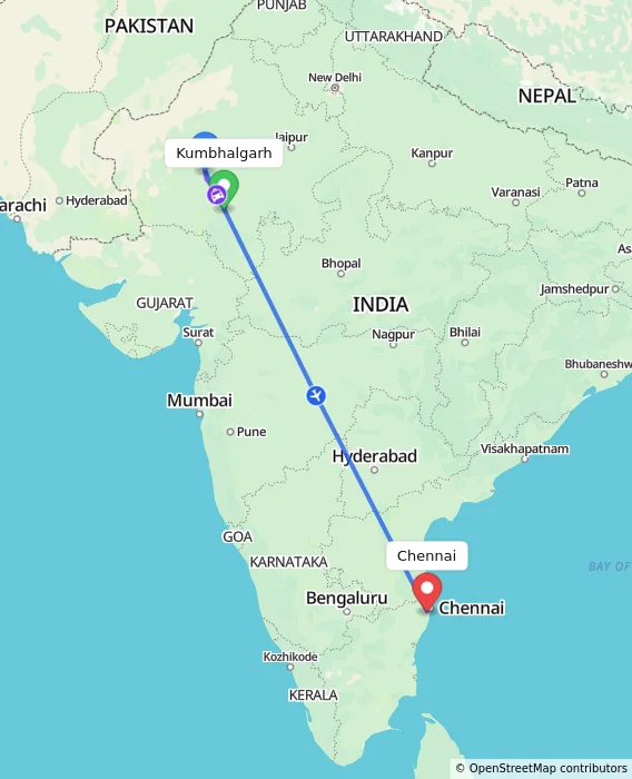 Route map showing distance and travel time from Kumbhalgarh, India to Chennai, India