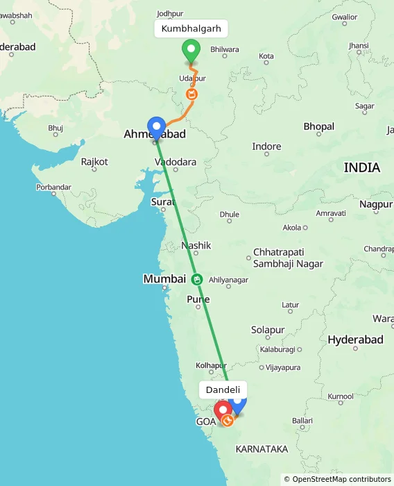 Route map showing distance and travel time from Kumbhalgarh, India to Dandeli, India