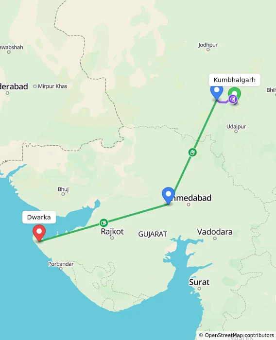 Route map showing distance and travel time from Kumbhalgarh, India to Dwarka, India