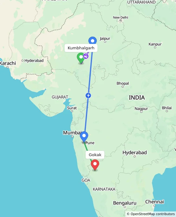 Route map showing distance and travel time from Kumbhalgarh, India to Gokak, India