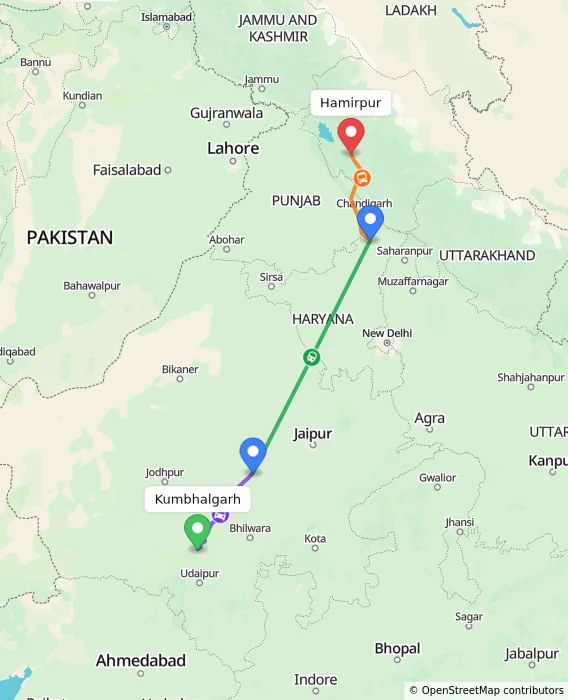 Route map showing distance and travel time from Kumbhalgarh, India to Hamirpur, India