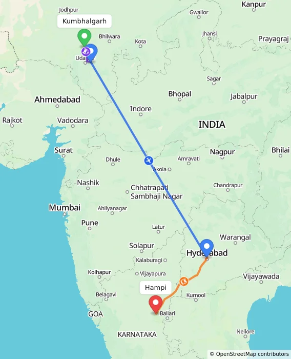 Route map showing distance and travel time from Kumbhalgarh, India to Hampi, India